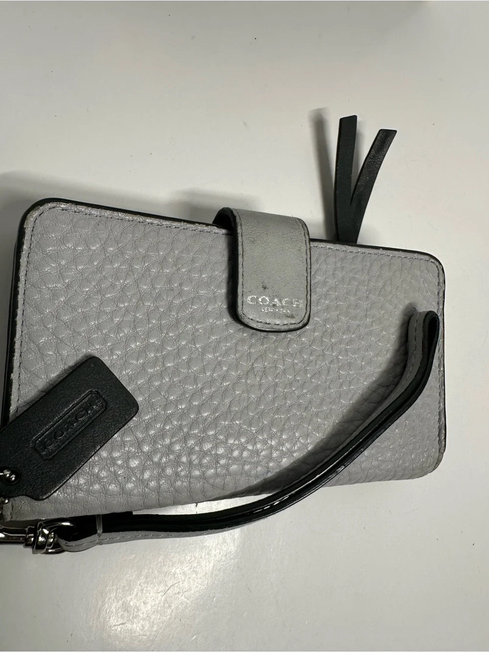Coach Silver Pebbled Leather Wristlet Case with Strap